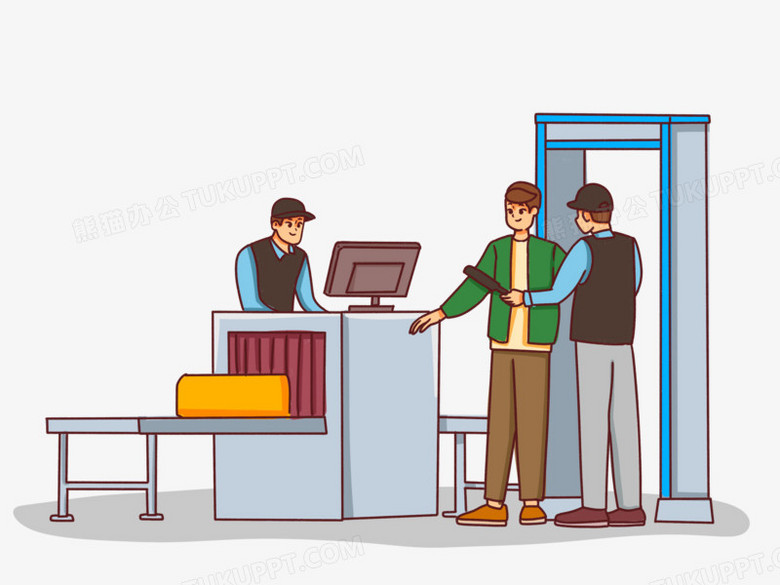 手绘卡通人物过安检场景素材