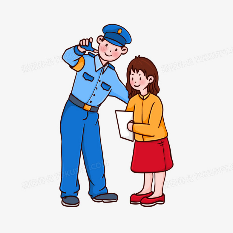 卡通手绘小女孩向警察叔叔问路免抠元素