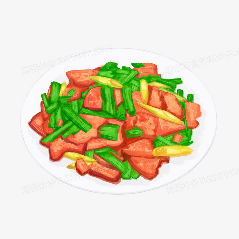 本作品全称为《卡通手绘一盘蒜苗炒肉食物元素》,使用 adobe