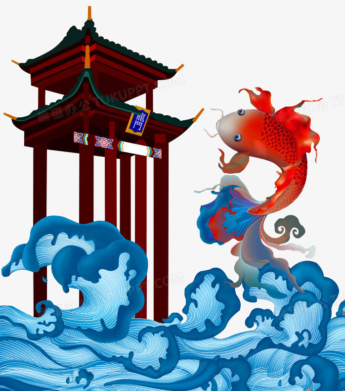 本作品全称为《棕蓝色中国风海浪鲤鱼跃龙门创意元素》,在整个配色上
