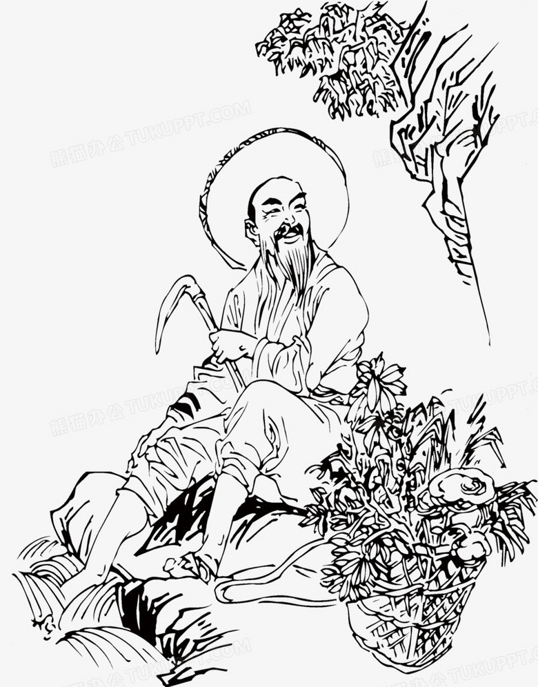 本作品全称为《黑色简约风上山采药乐呵的采药人元素》,在整个配色上