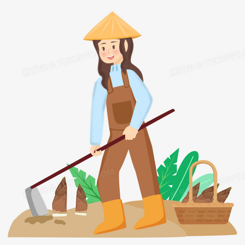 卡通手绘女孩挖笋免抠元素