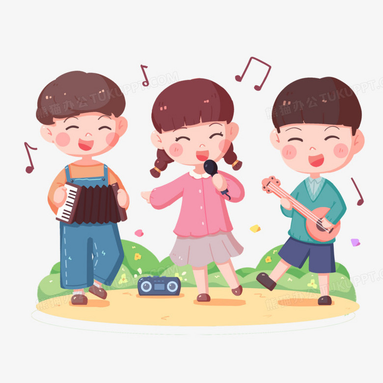 卡通手绘小朋友表演唱歌玩乐器场景元素