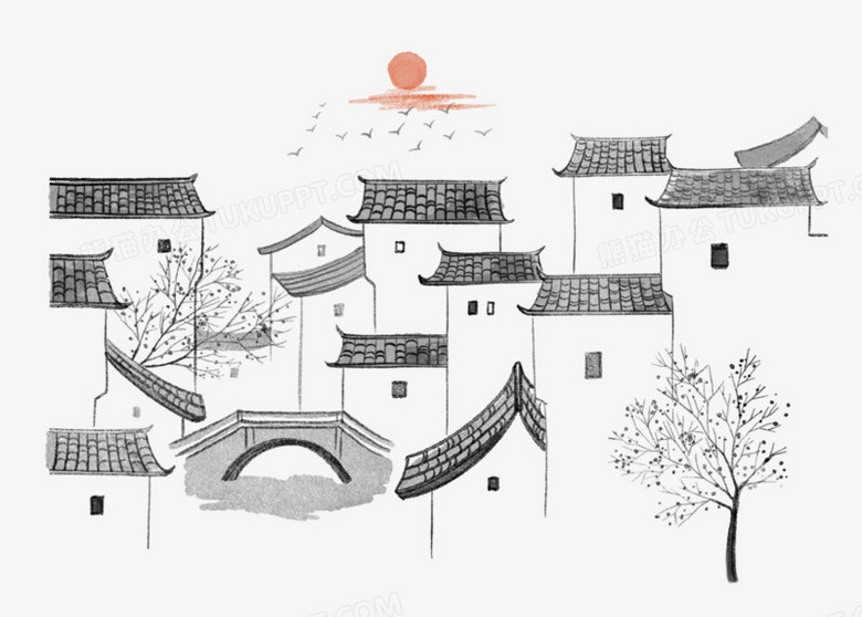 手绘黑白水墨房屋元素