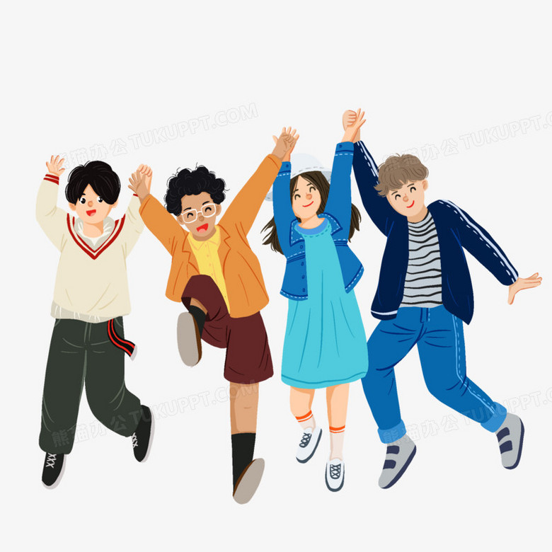卡通手绘一群手拉手的青年人免抠元素