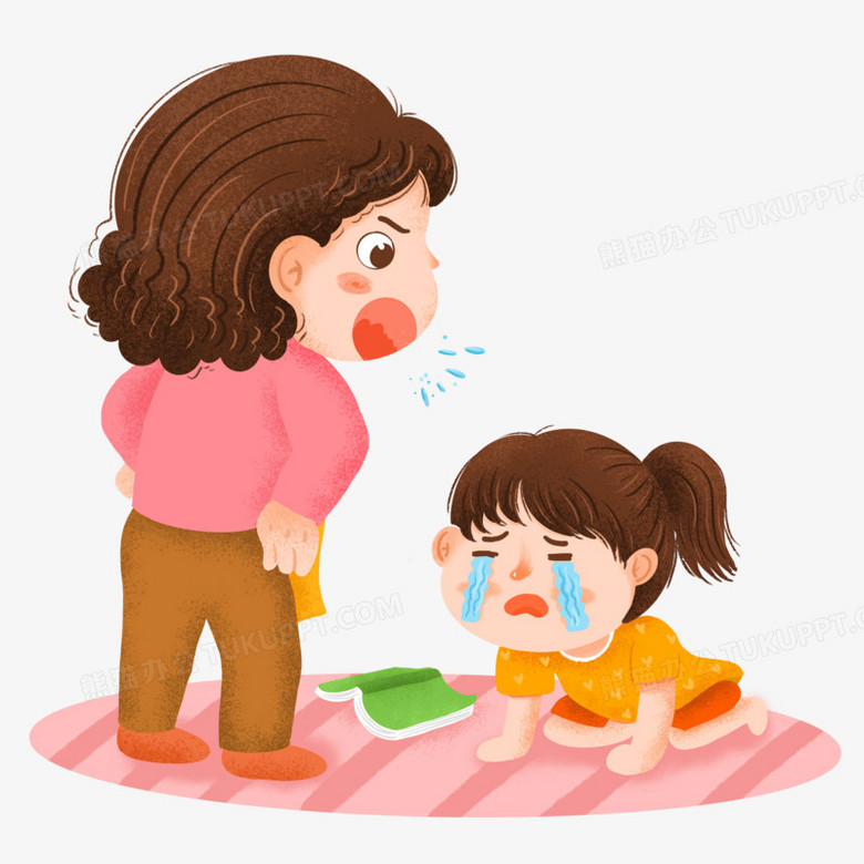 手绘卡通妈妈责骂女儿手绘插画免抠元素