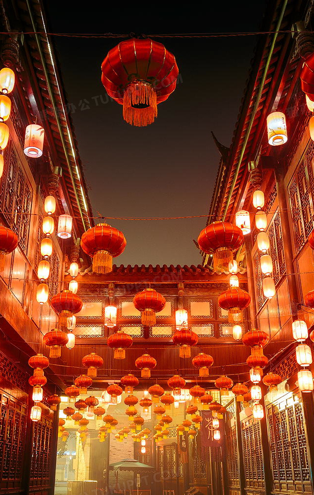 中国风新年红灯笼古镇海报背景