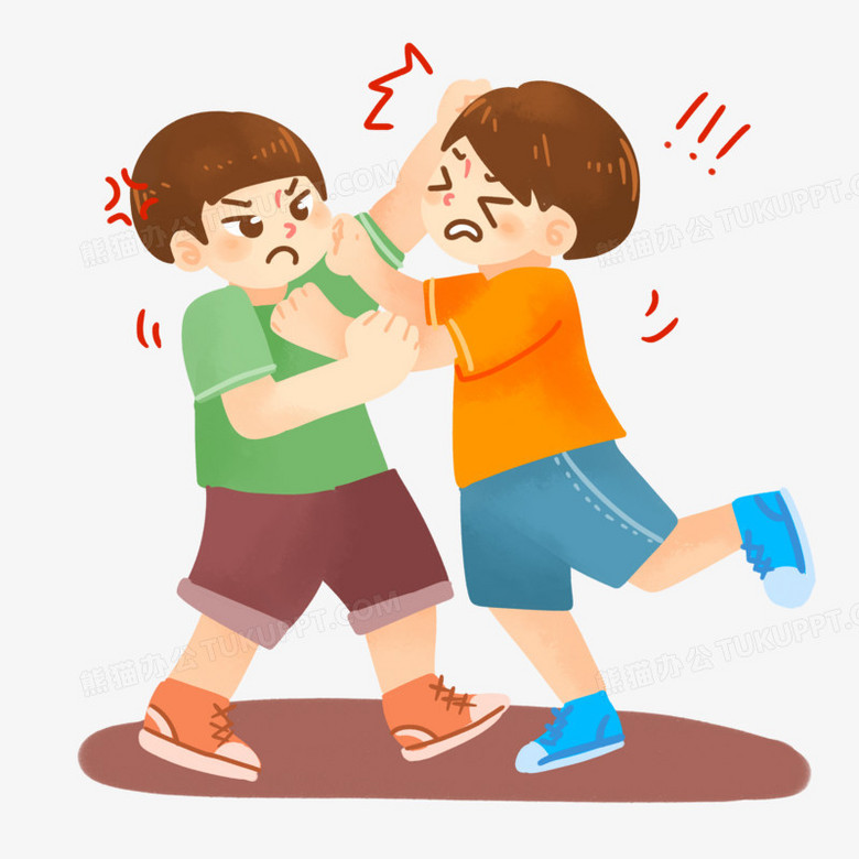 手绘卡通小男孩争执打架素材