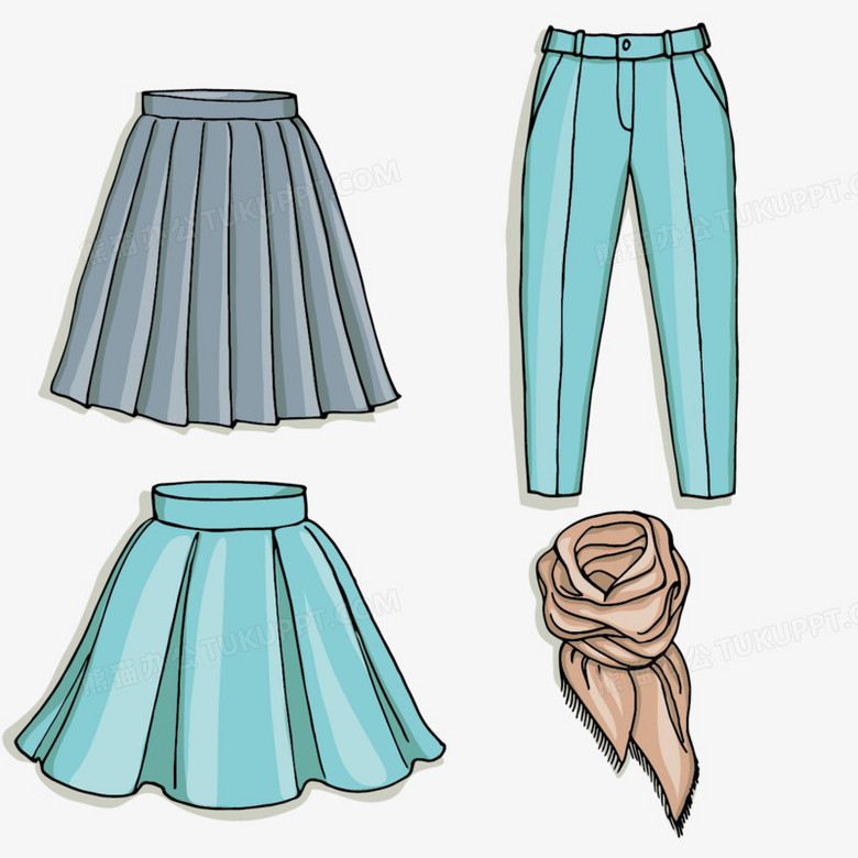 本作品全称为《蓝色卡通风半身裙裤子和围巾创意元素》,使用adobe