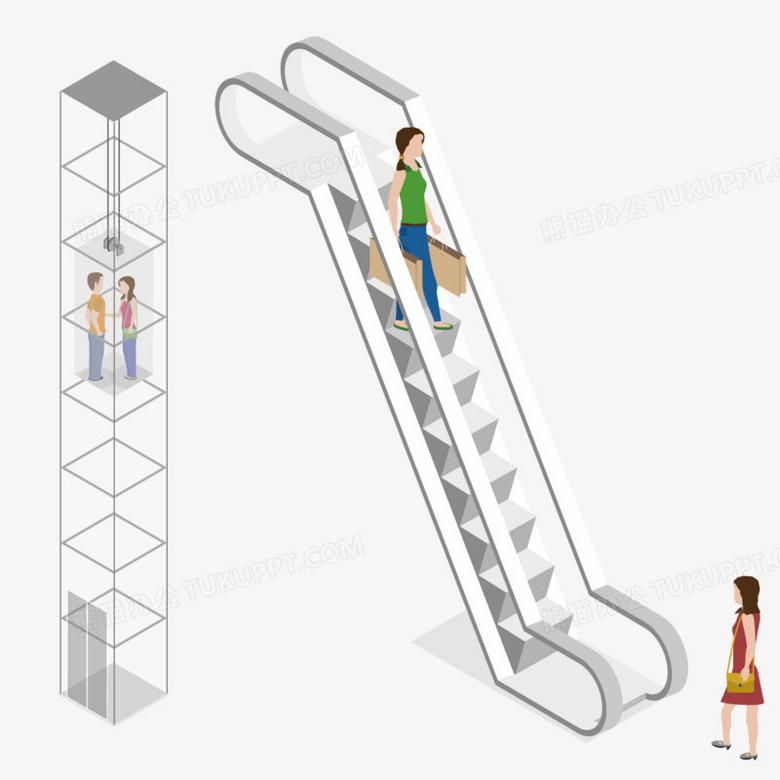 本作品全称为《彩色卡通风商场里直梯升降和扶梯元素》,在整个配色上