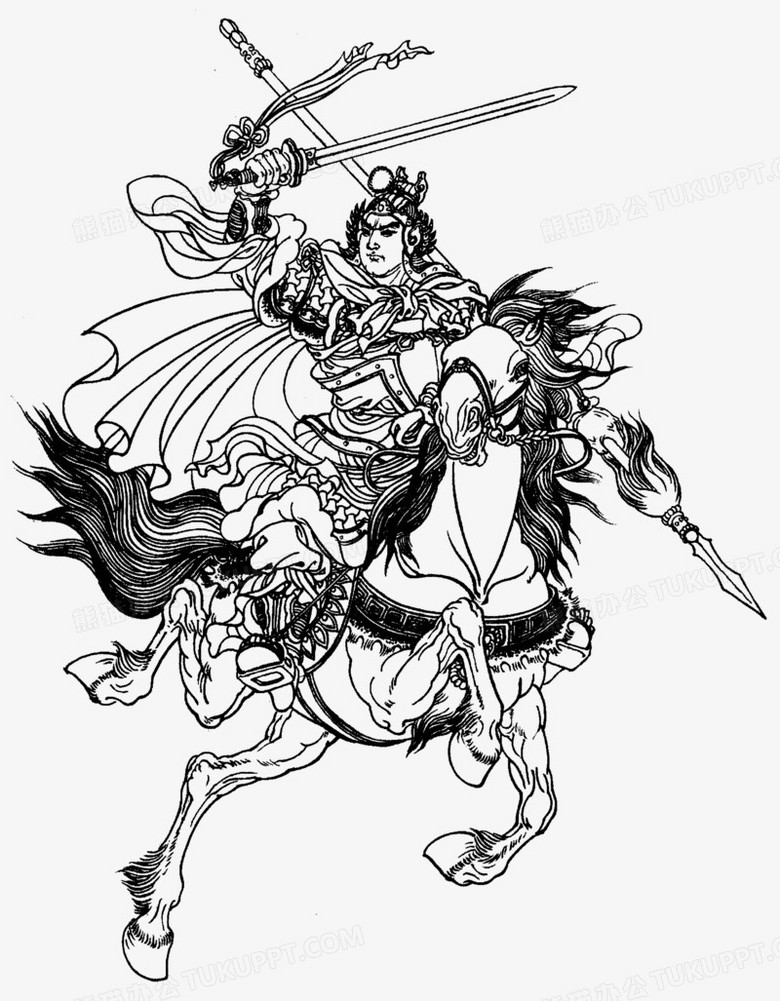 本作品全称为《黑色中国风霸气骑着战马的古代将军元素》,在整个配色