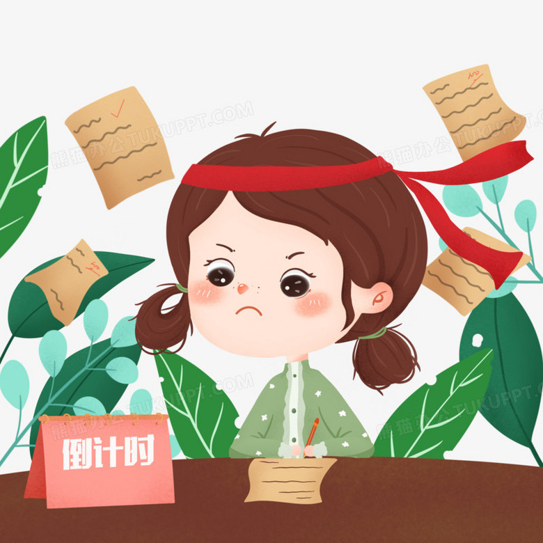 手绘卡通女孩考前复习插画元素