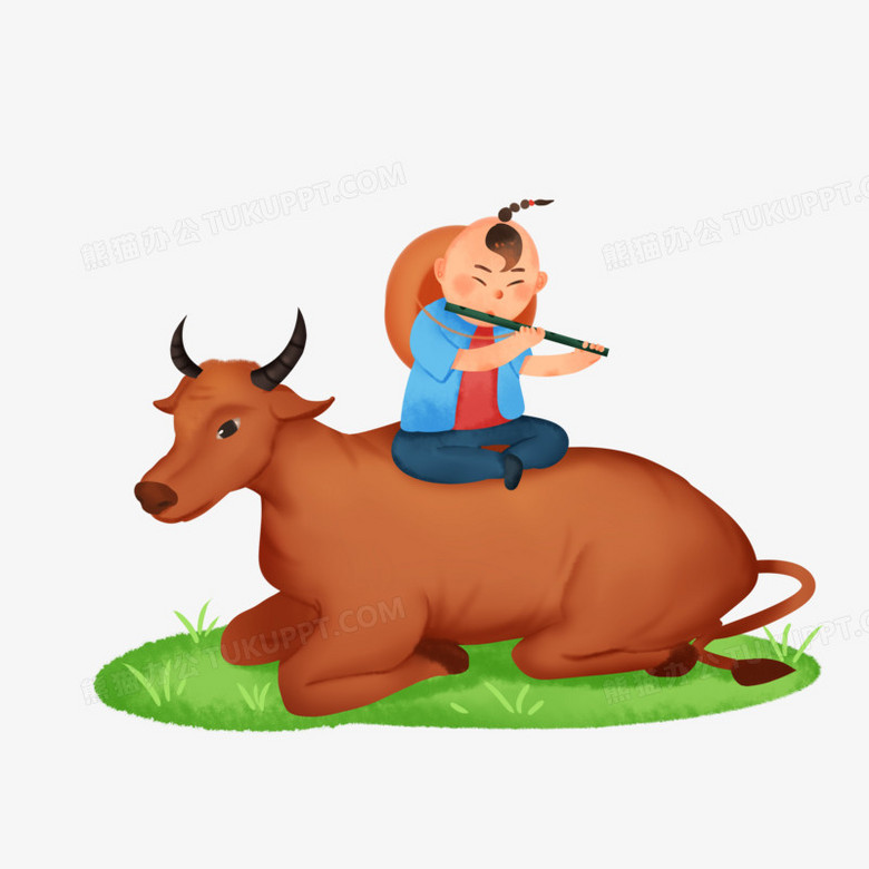 手绘卡通牧童放牧吹笛免抠素材
