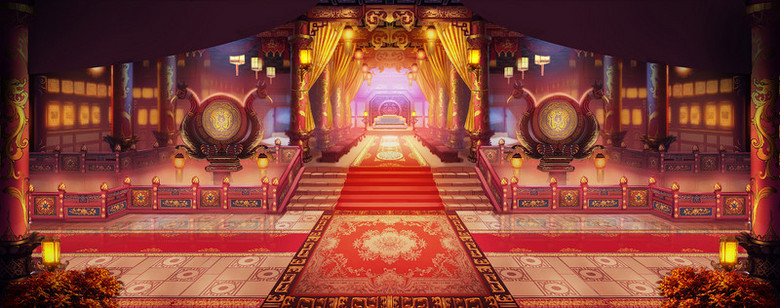 在整个配色上使用红色作为基础色调,设计了豪华华丽的古代宫殿,整体