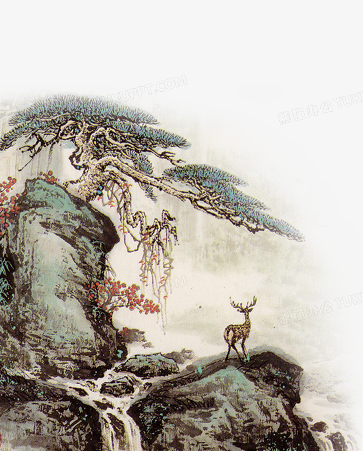 本作品全称为《彩色中国风水墨山水迎客松小鹿创意元素》,在整个配色
