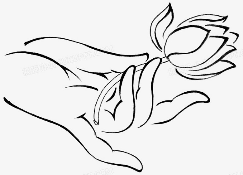 本作品全称为《黑色简约风手绘手指兰花指拿着莲花元素》,在整个配色