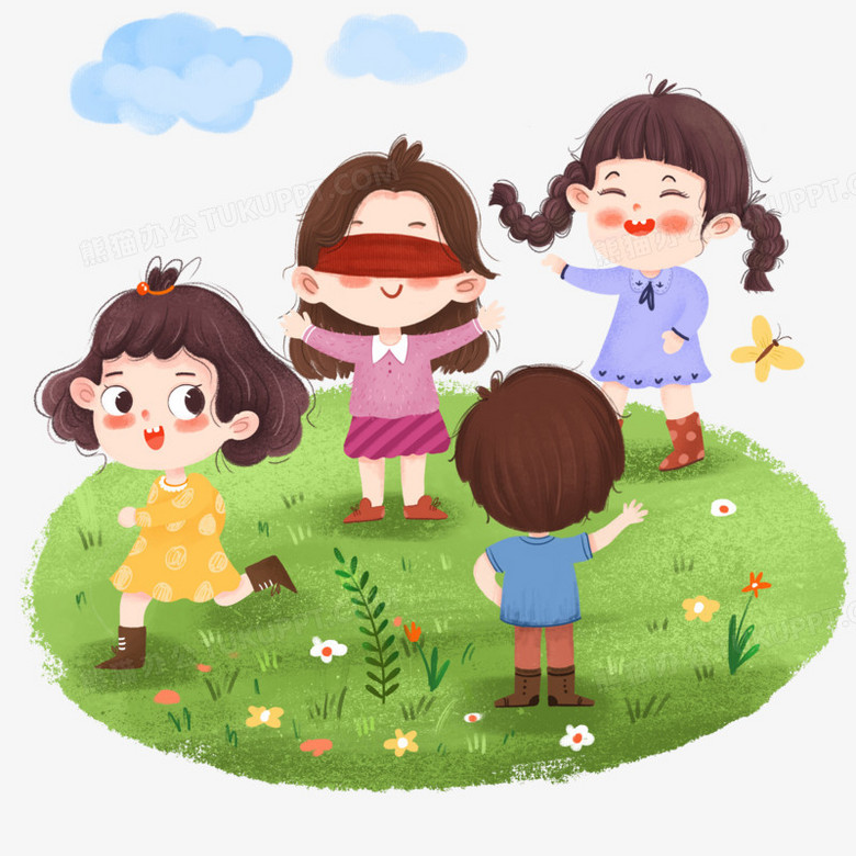 手绘卡通小朋友玩捉迷藏插画免抠元素