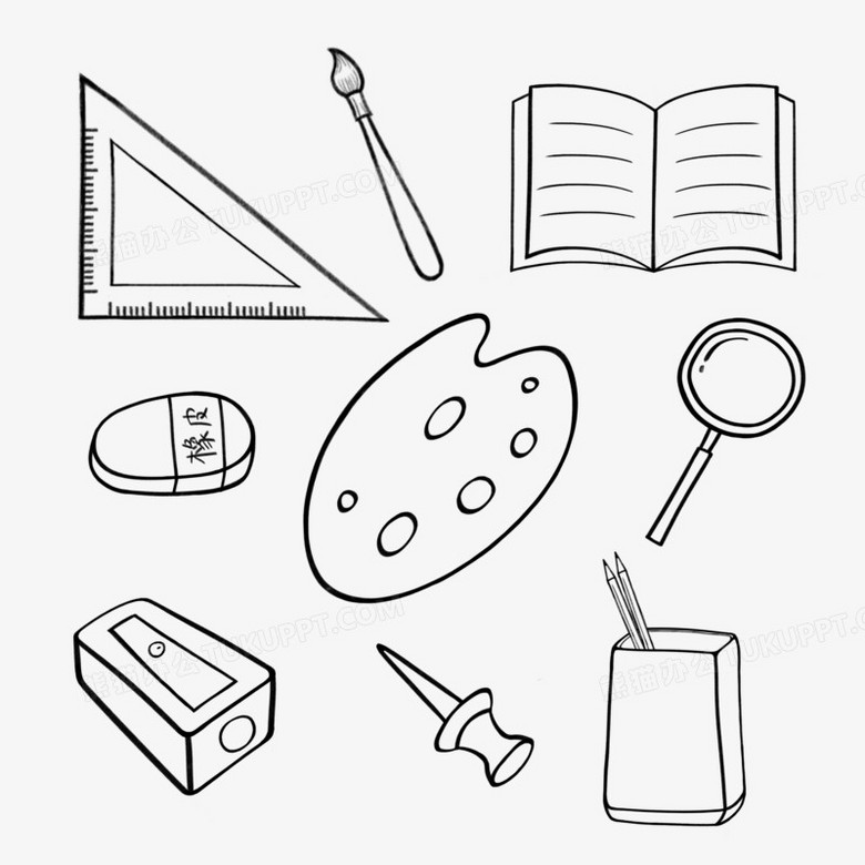 一组线稿简笔画学习用品装饰素材