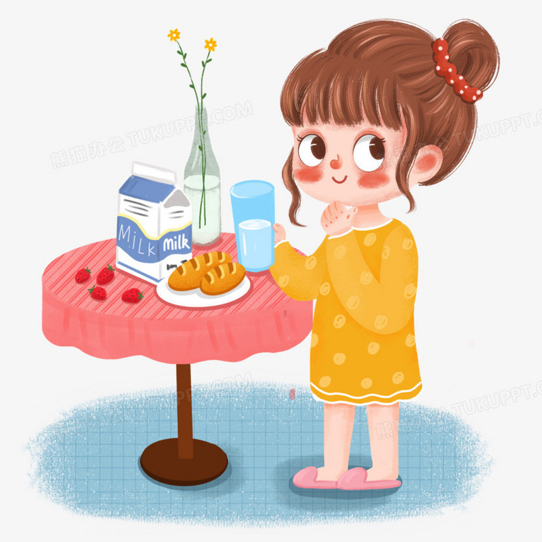 手绘卡通喝牛奶的女孩插画免抠元素
