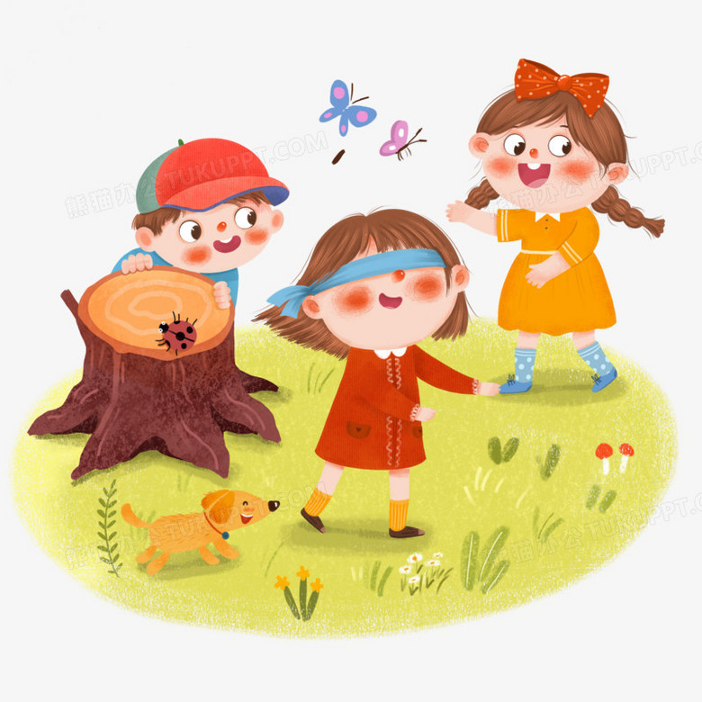 手绘卡通小朋友玩捉迷藏插画免抠元素