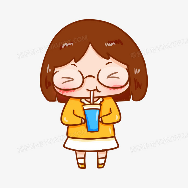 卡通手绘小女孩喝水元素