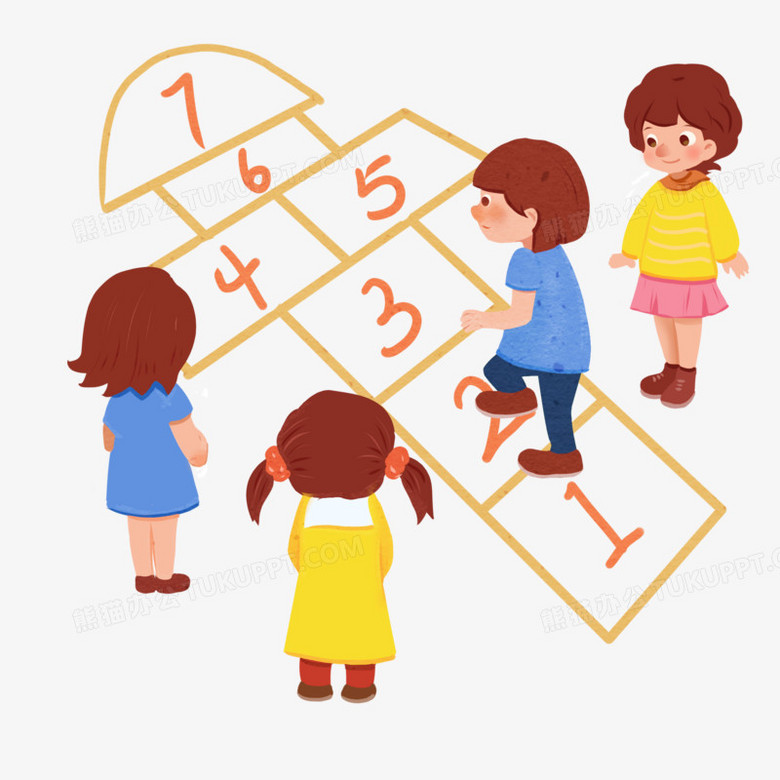 在整个配色上使用多种色彩作为基础色调,设计了小朋友玩跳房子游戏