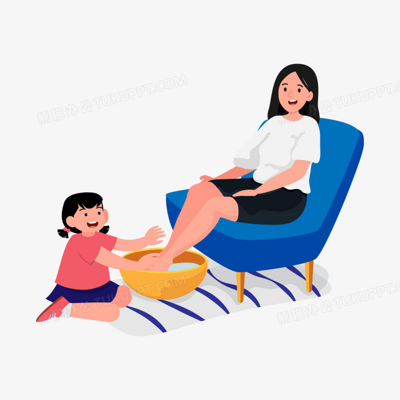 卡通手绘女儿给妈妈洗脚素材