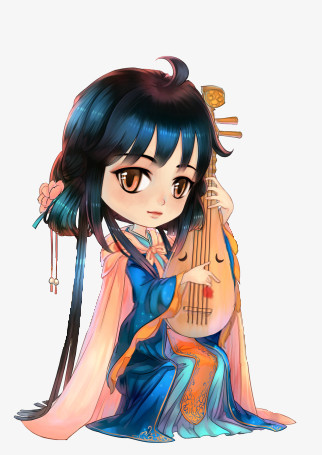 本作品全称为《彩色卡通风弹琵琶的少女创意元素》,使在整个配色上