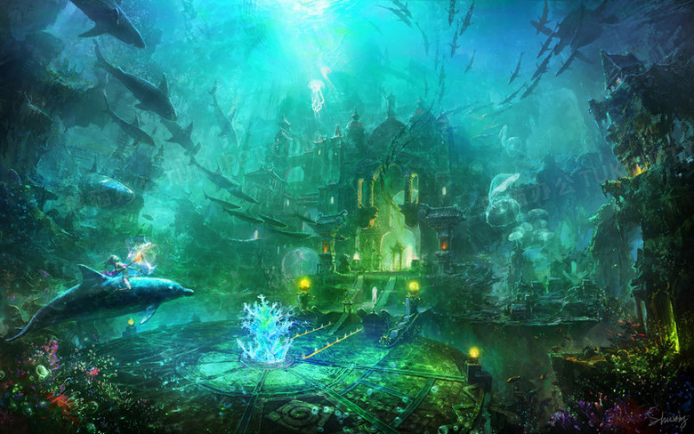 魔幻绿色海底宫殿海报背景