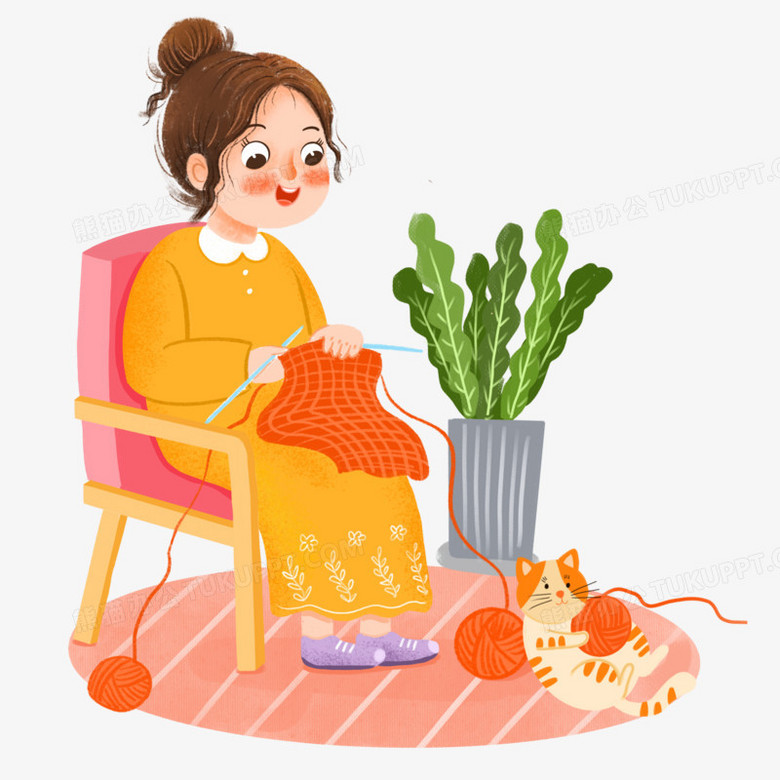 手绘卡通织毛衣的女孩免抠元素