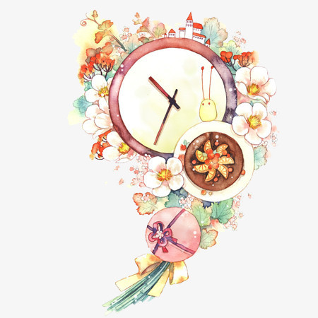 时钟花卉手绘插画