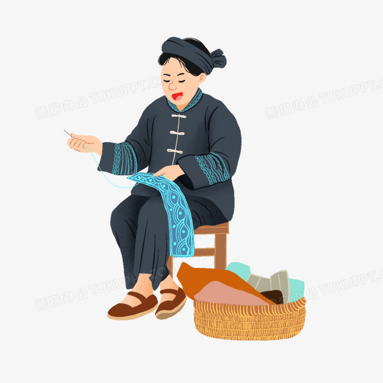 在整个配色上使用多种色彩作为基础色调,设计了做针线活的少数民族