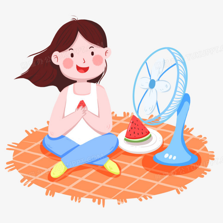 手绘女孩吹风扇吃西瓜免抠素材