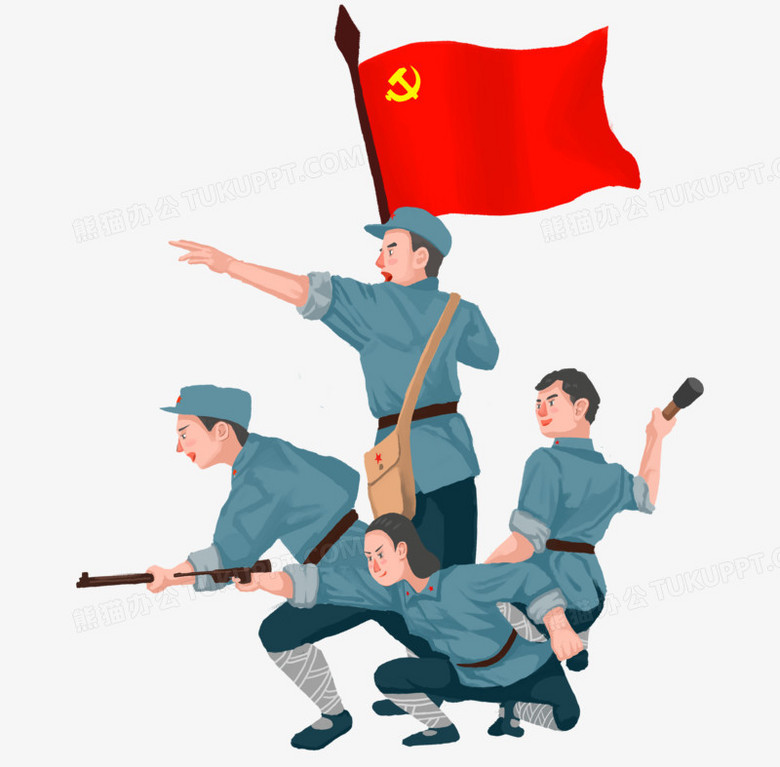 手绘卡通新四军军人手拿旗帜冲锋免抠素材