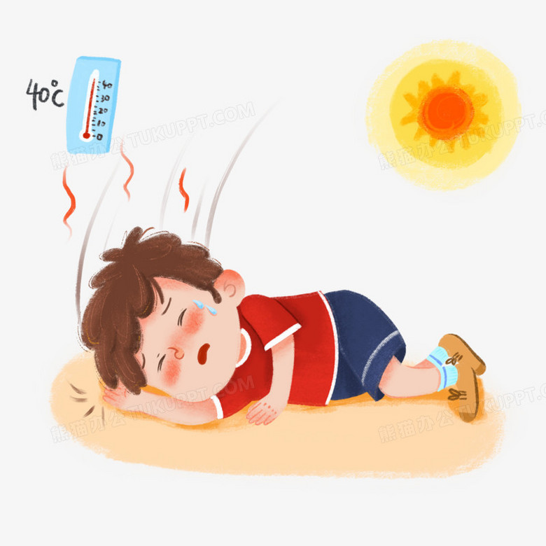 手绘卡通小男孩中暑晕倒插画免抠元素