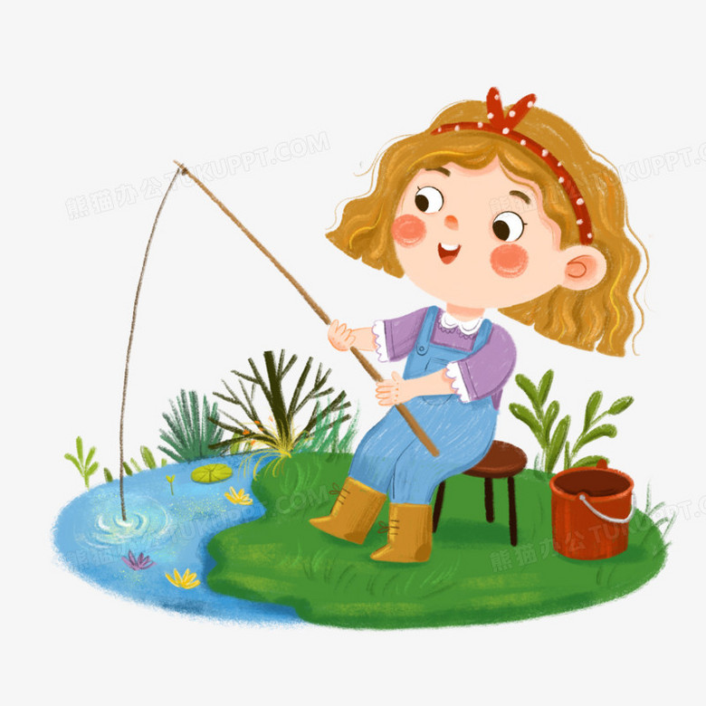 小女孩钓鱼简笔画图片