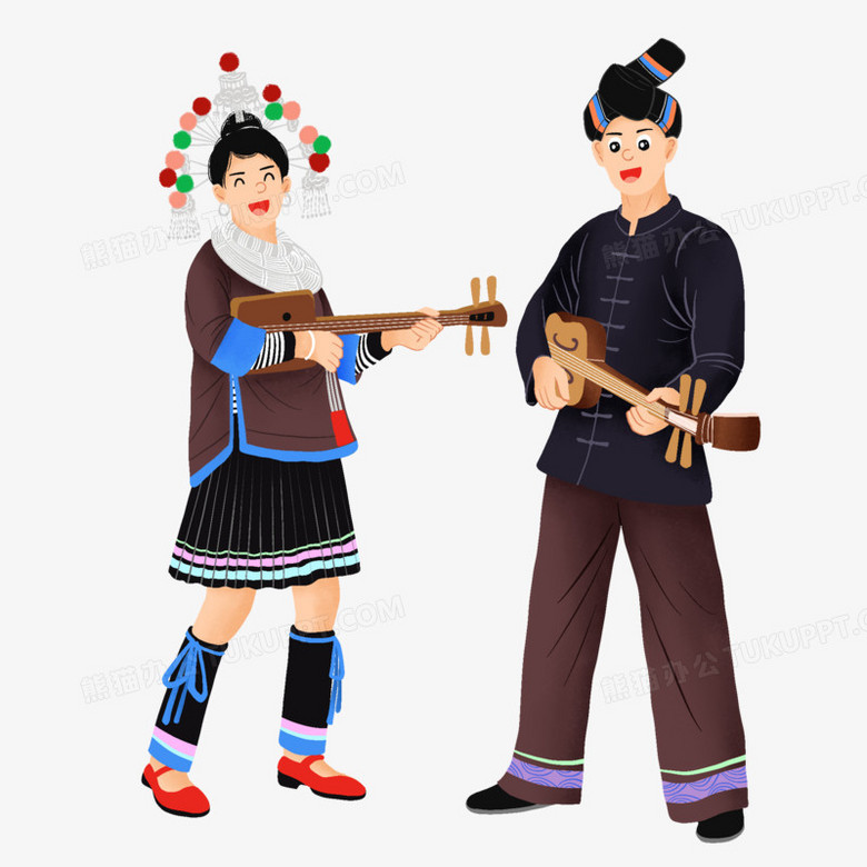 手绘卡通侗族男生女生表演乐器场景元素png图片素材下载_卡通png_熊猫