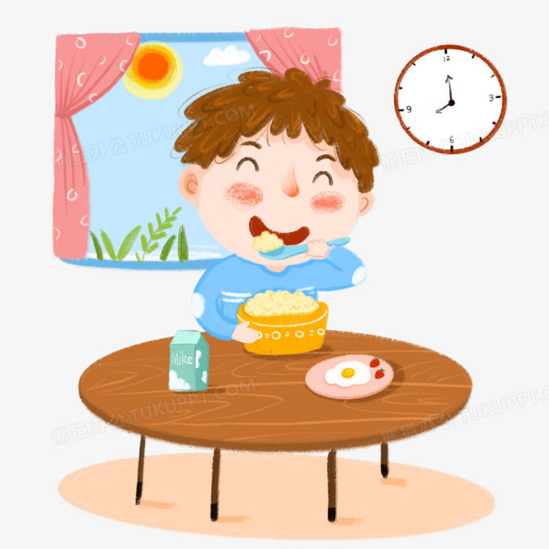 卡通手绘男孩吃早餐插画免抠元素