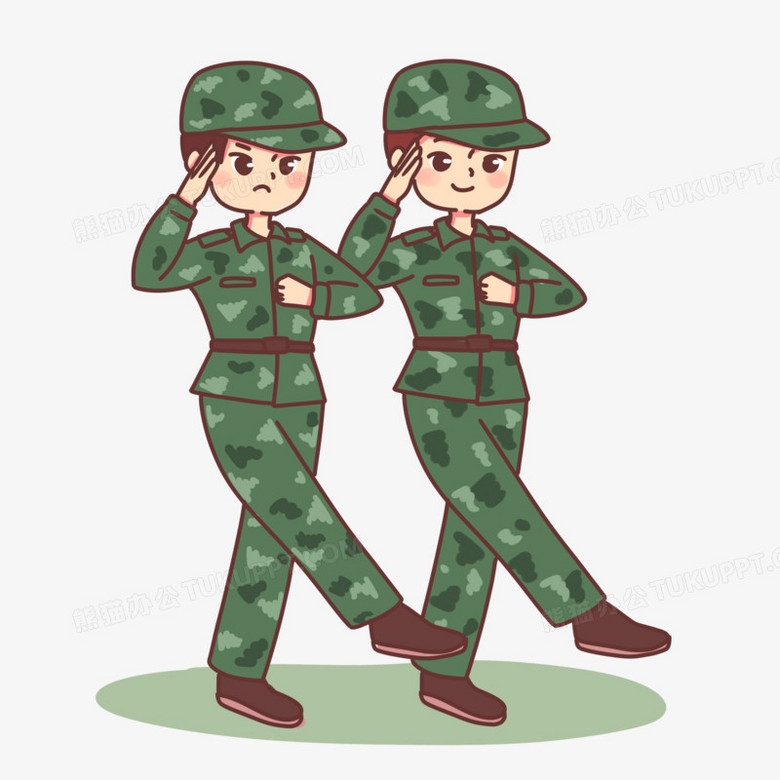 手绘卡通军训踢正步素材