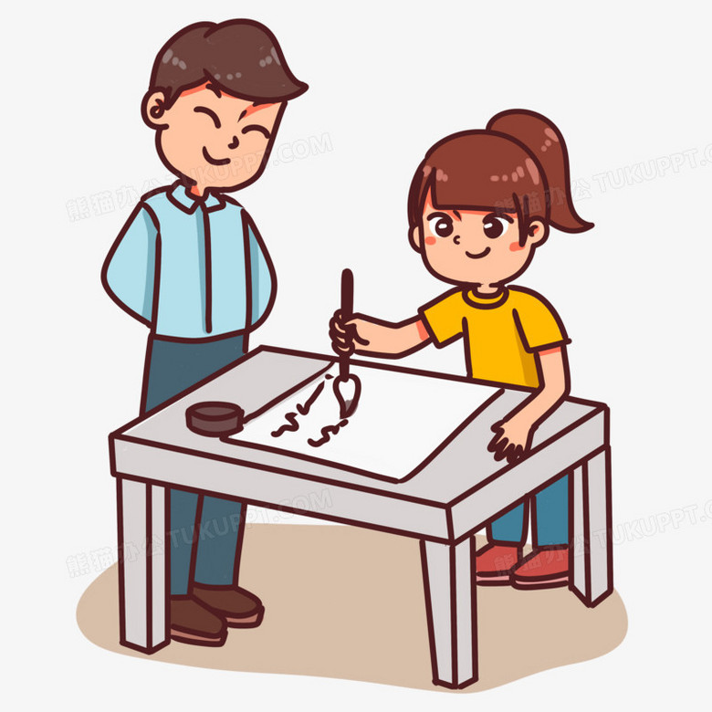 手绘卡通女孩练习书法免抠素材