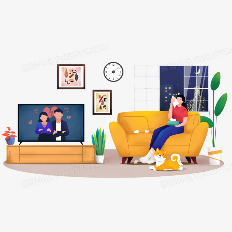 本作品全称为《卡通手绘女孩深夜追剧创意元素》,使用