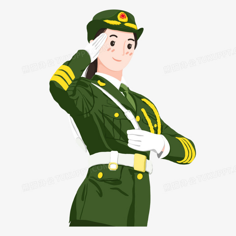 手绘穿军装的女军人敬礼免抠元素