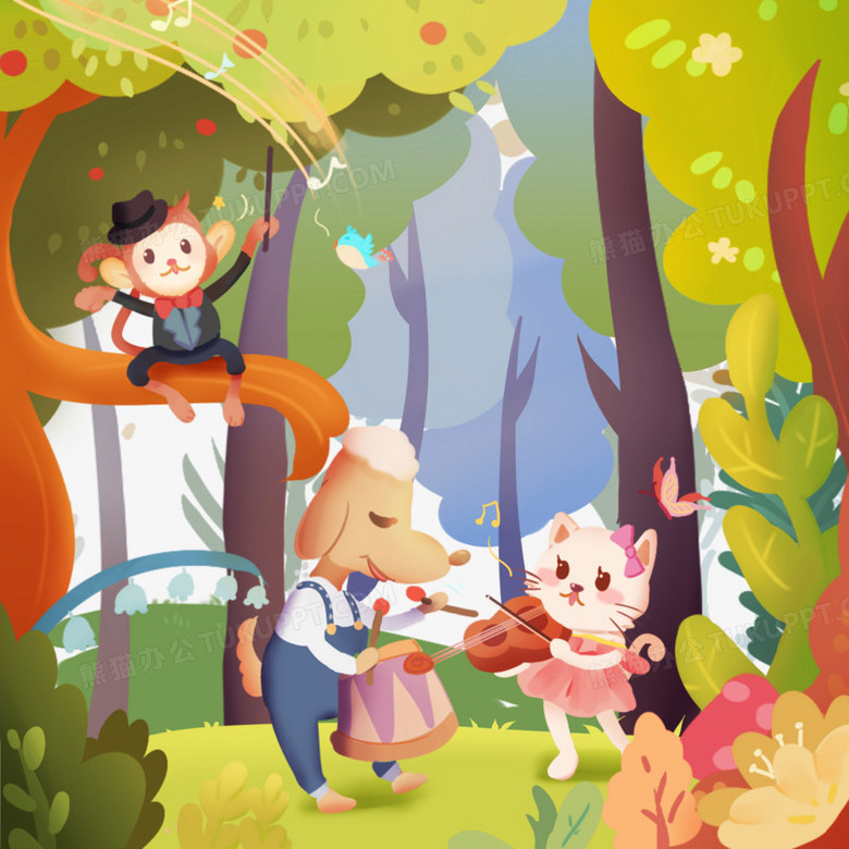 手绘卡通插画动物音乐合唱团场景免抠素材