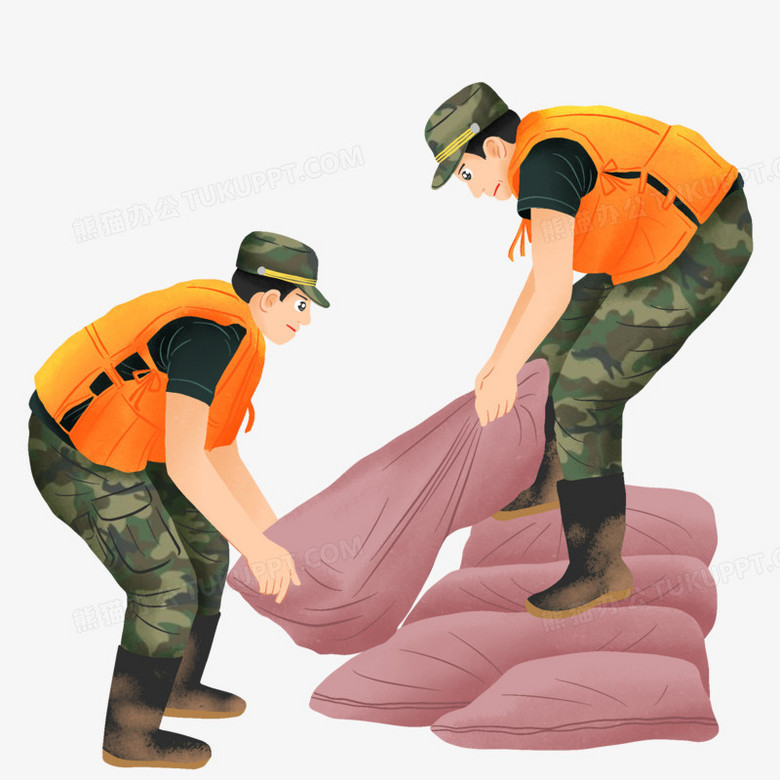 手绘抗洪抢险军人搬沙袋免抠元素