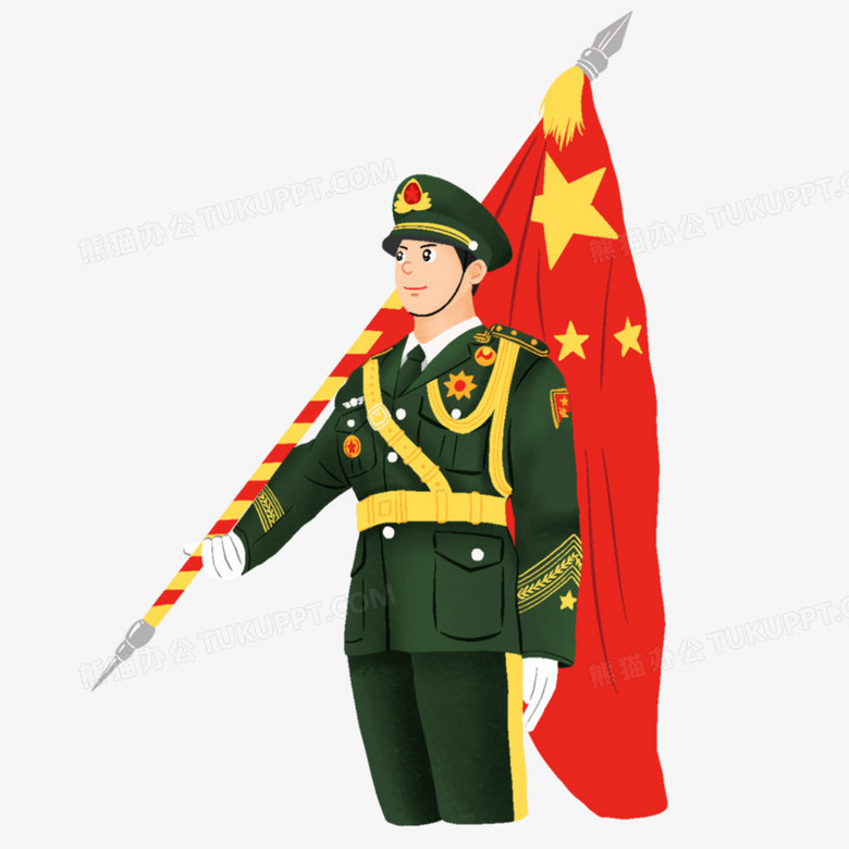 卡通手绘解放军拿着旗帜免抠元素