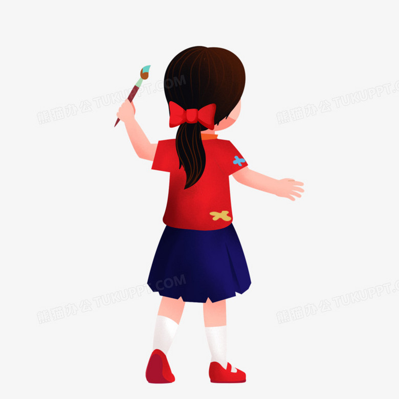 卡通手绘女孩画画的背影免抠元素