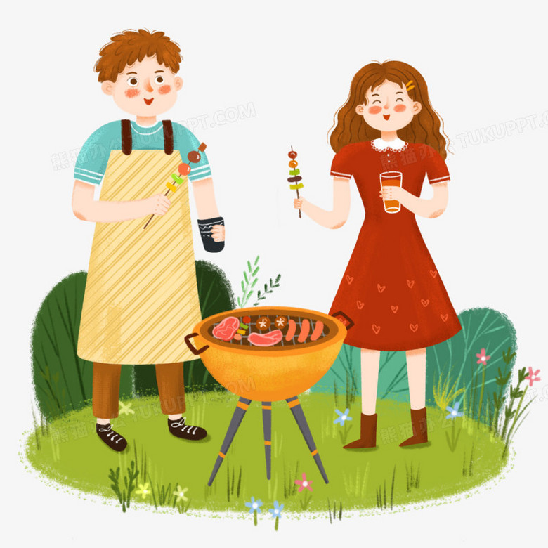 手绘卡通情侣户外烧烤插画免抠元素