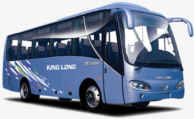 《蓝色简约风一辆豪华大气崭新的大巴车元素》,在整个配色上使用蓝色