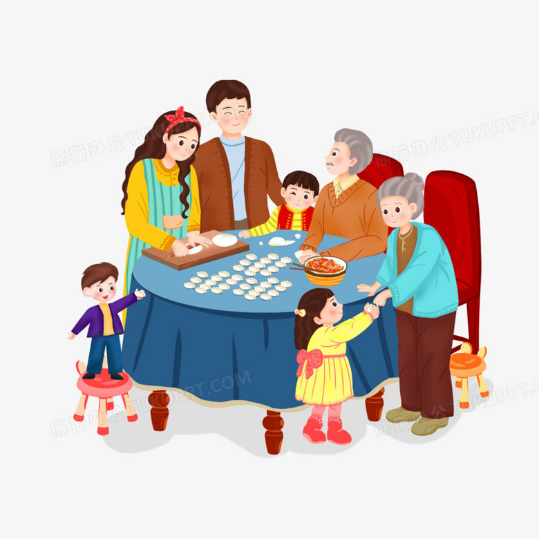 卡通手绘三孩家庭七口之家免抠元素