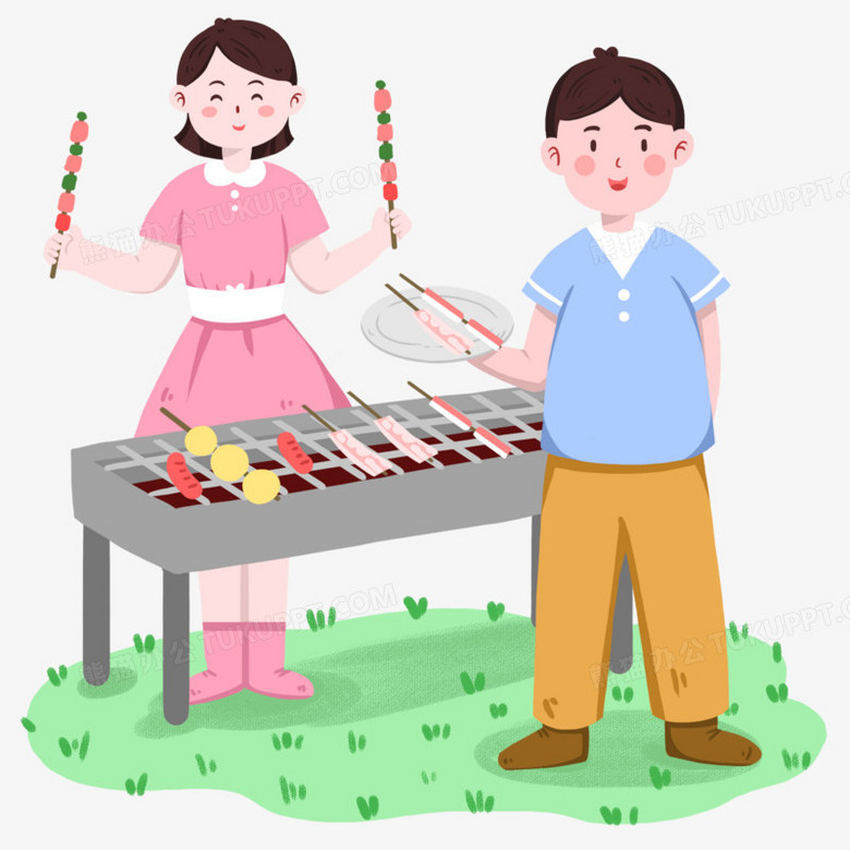 手绘卡通情侣户外烧烤免抠元素